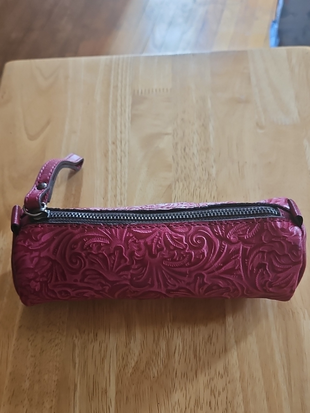 Patricia Nash Tooled Leather Rose Pink Cylindrical Wristlet Pouch